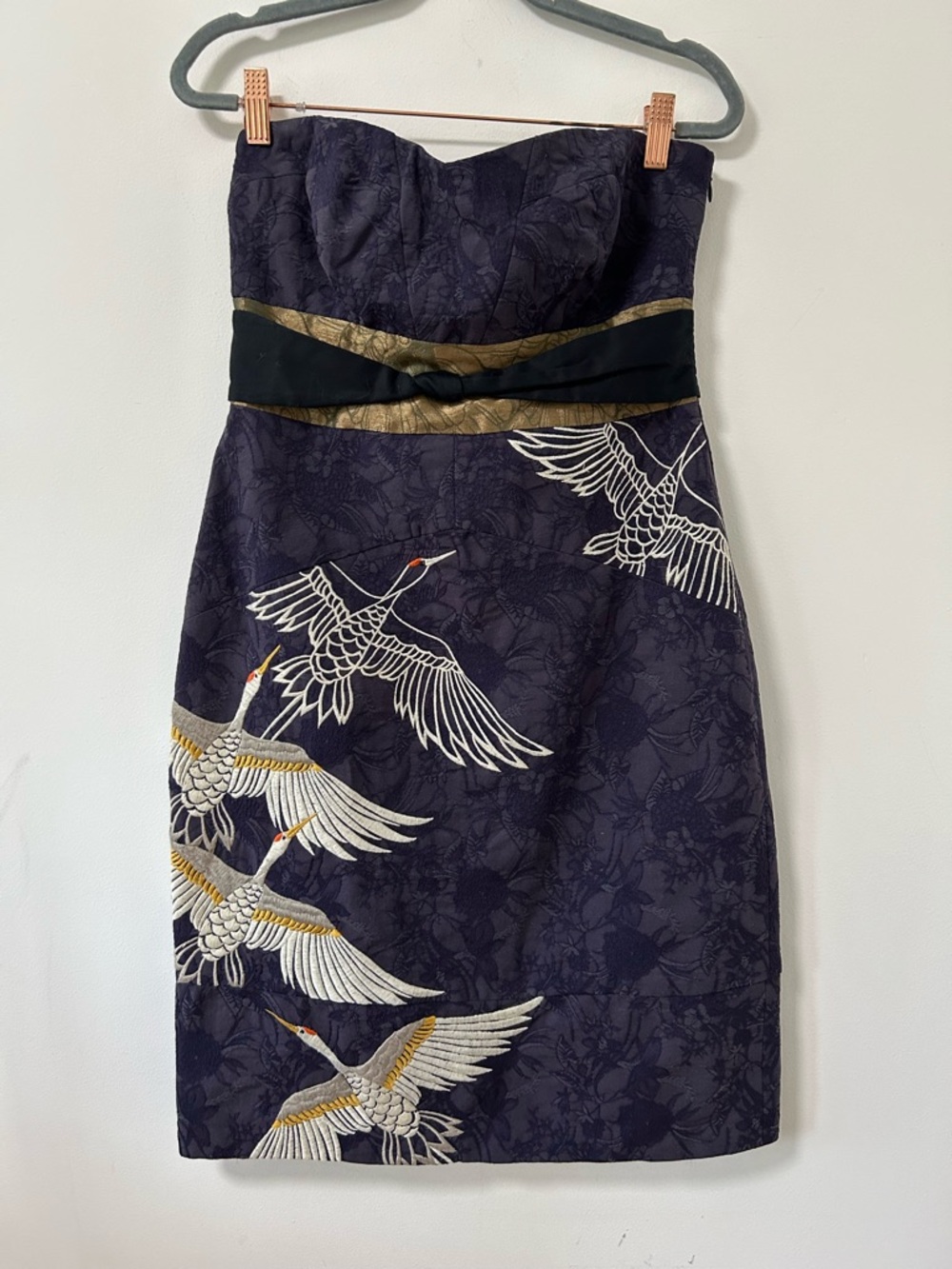 Florets Strapless Navy Crane-Embroidered Cocktail Dress women’s size 8 mini